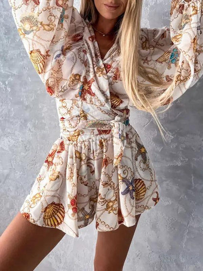 Seashell print long-sleeved V-neck jumpsuit