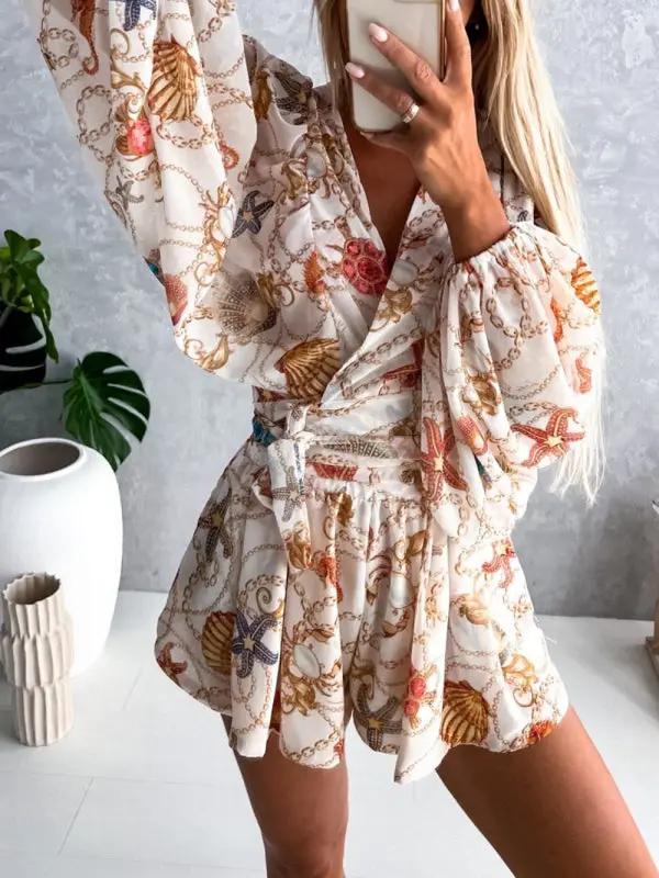 Floral print long-sleeved V-neck jumpsuit