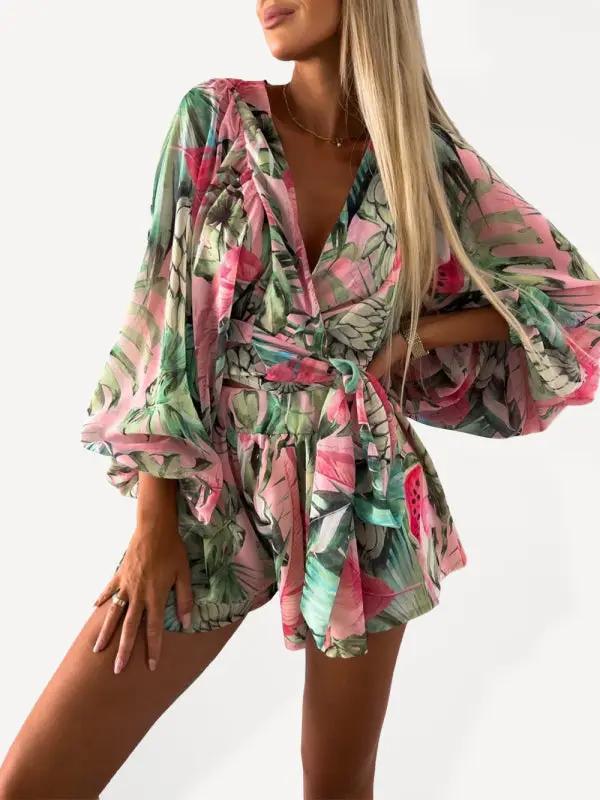 Floral long-sleeved V-neck tropical jumpsuit