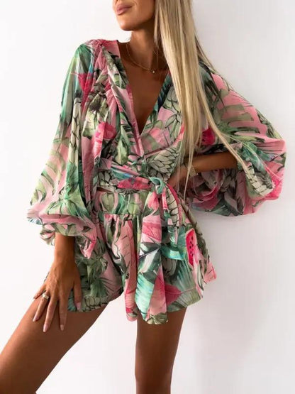 V-neck floral tropical rainforest jumpsuit