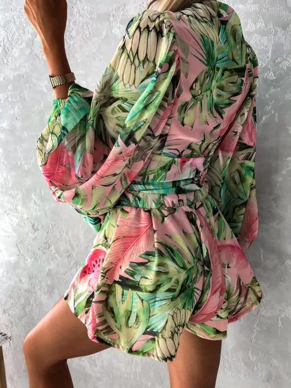 Back view of floral tropical rainforest jumpsuit