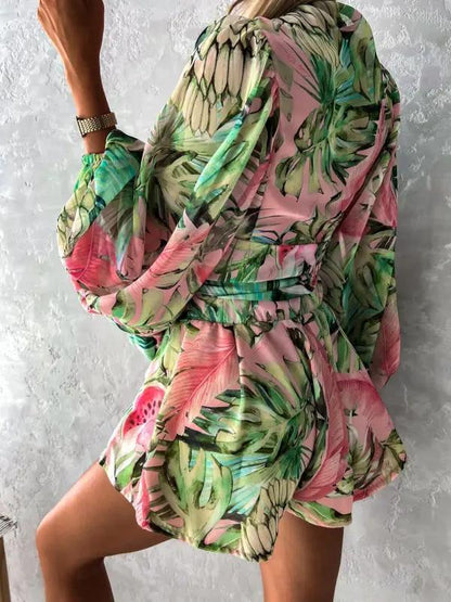 Back view of floral tropical rainforest jumpsuit