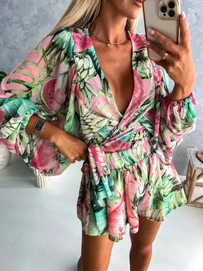 Tropical rainforest floral V-neck jumpsuit