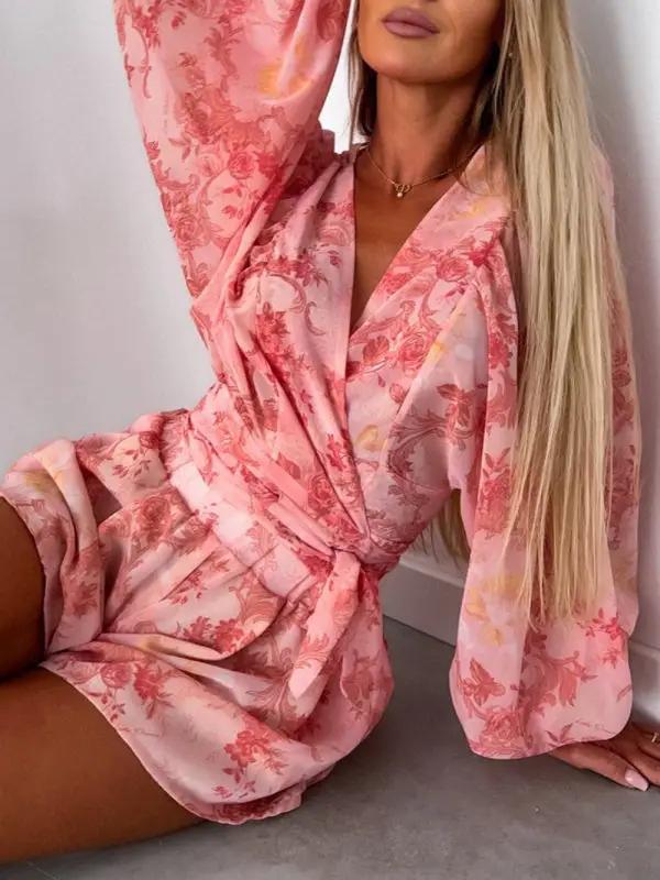 Floral print V-neck jumpsuit with long sleeves