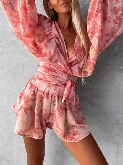 Back view of floral print V-neck jumpsuit