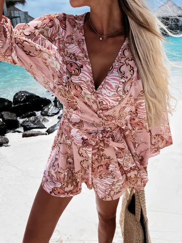 Tropical floral V-neck jumpsuit by the beach