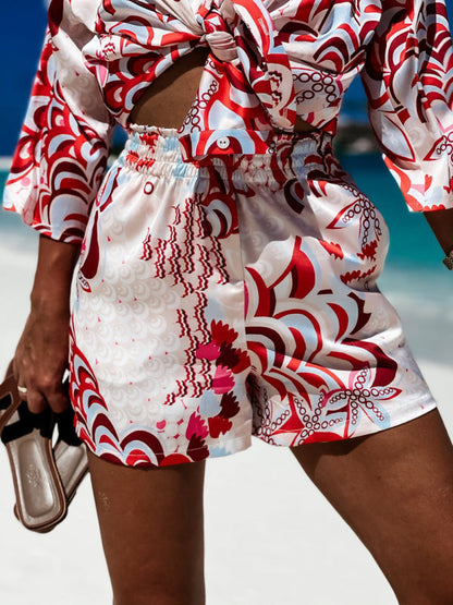 Ensemble deux pièces pour femmes, short à manches longues, style vacances, fleurs tissées, décontracté 