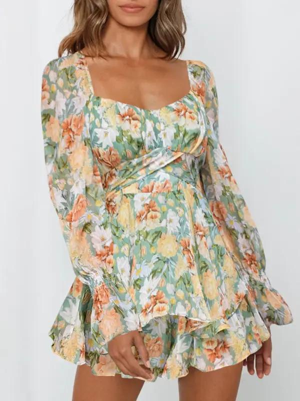 Floral one-neck lantern sleeve jumpsuit front view