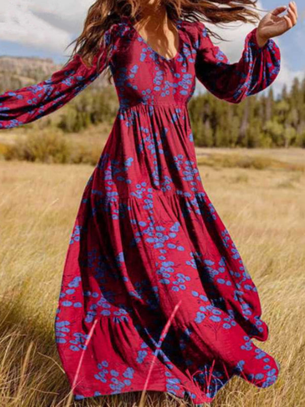 Paneled crinkled bohemian oversized cotton-print maxi dress