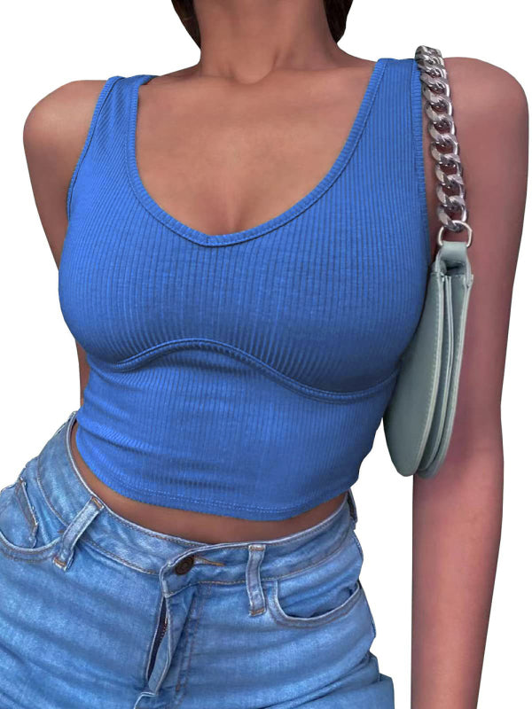 Damen-Tanktop aus einfarbigem Stretch-Strick mit V-Ausschnitt und Nähten 