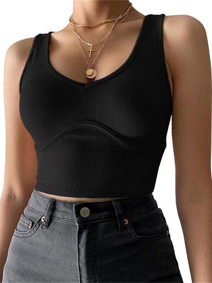 Damen-Tanktop aus einfarbigem Stretch-Strick mit V-Ausschnitt und Nähten 