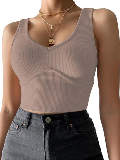 Damen-Tanktop aus einfarbigem Stretch-Strick mit V-Ausschnitt und Nähten 