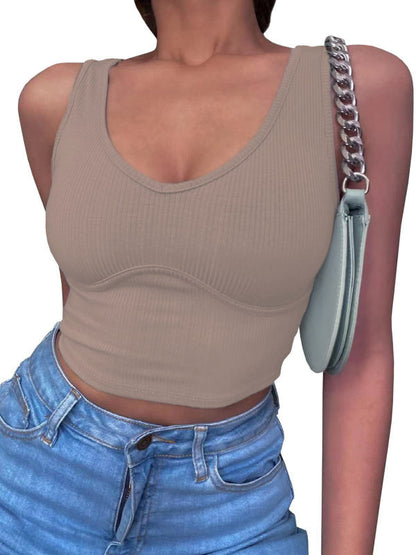 Damen-Tanktop aus einfarbigem Stretch-Strick mit V-Ausschnitt und Nähten 