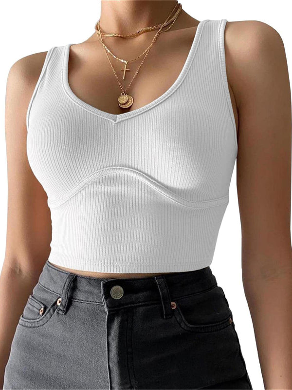 Damen-Tanktop aus einfarbigem Stretch-Strick mit V-Ausschnitt und Nähten 