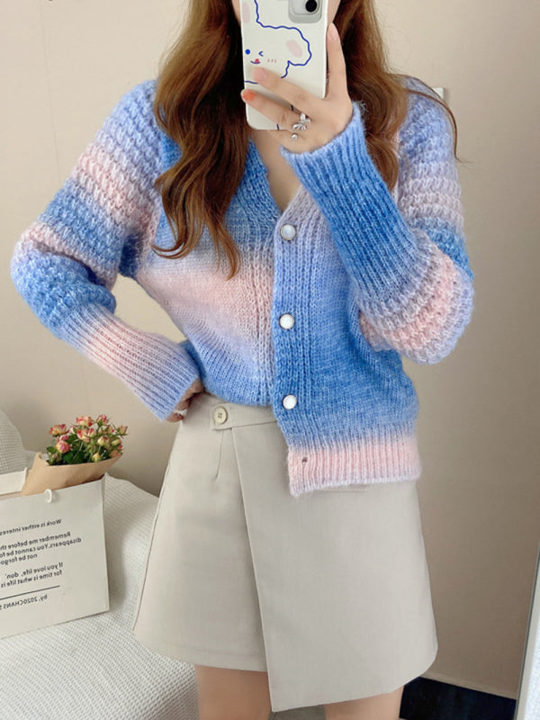 Rainbow Gradient Color Sweater Loose Lazy Long-sleeved V-neck Knit Cardigan