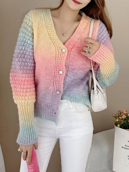 Pullover mit Regenbogen-Farbverlauf, lockerer, fauler, langärmliger Strick-Cardigan mit V-Ausschnitt 