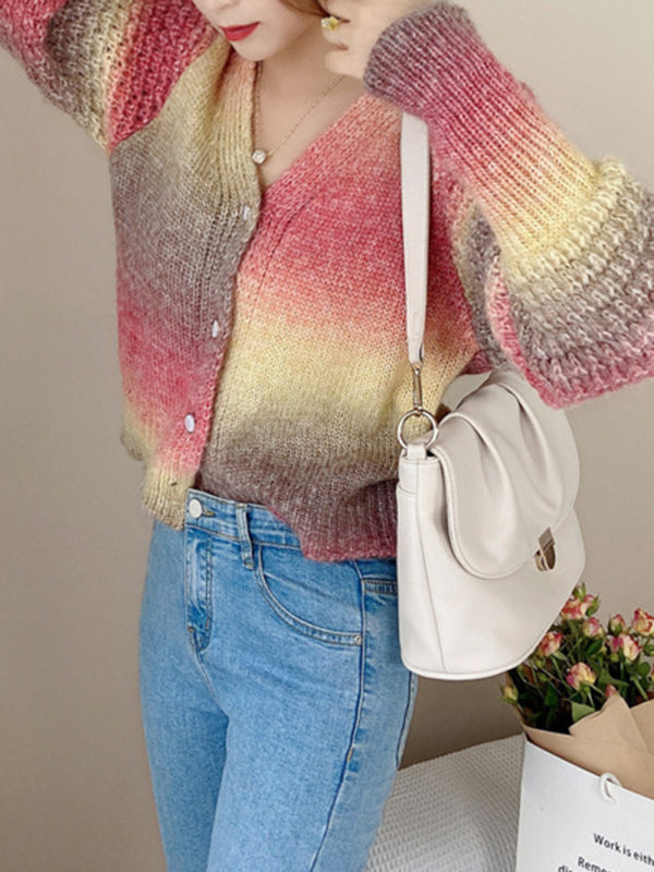 Cardigan en tricot à manches longues et col en v, pull de couleur dégradé arc-en-ciel, ample et paresseux 