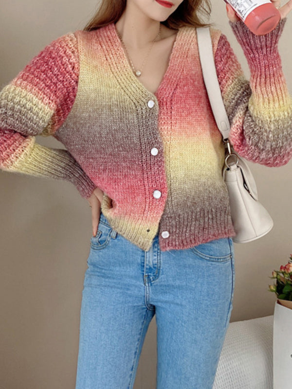 Pullover mit Regenbogen-Farbverlauf, lockerer, fauler, langärmliger Strick-Cardigan mit V-Ausschnitt 