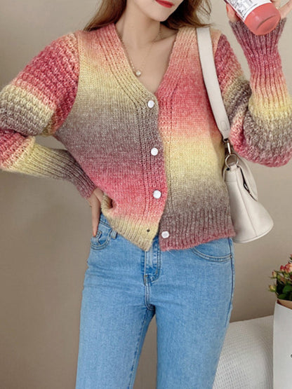 Rainbow Gradient Color Sweater Loose Lazy Long-sleeved V-neck Knit Cardigan