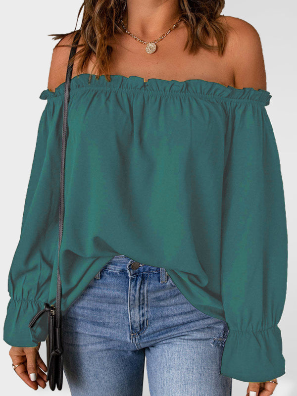 One-neck chiffon shirt solid color pullover sexy off-the-shoulder top