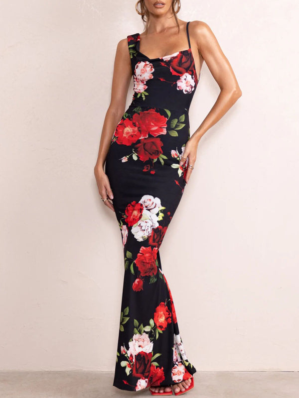 Sexy, florales, elegantes, langes Sling-Kleid für Damen 