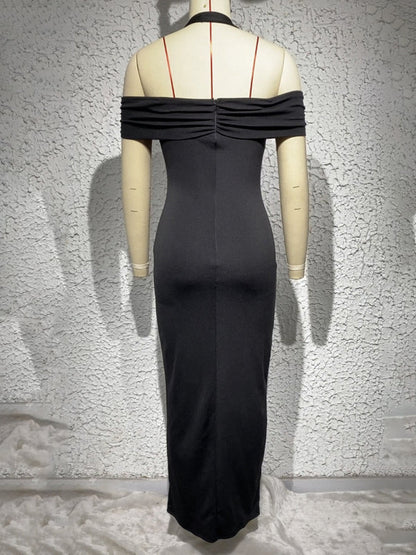 Einfarbiges sexy langes Neckholder-Kleid mit geteiltem Ausschnitt für Damen 