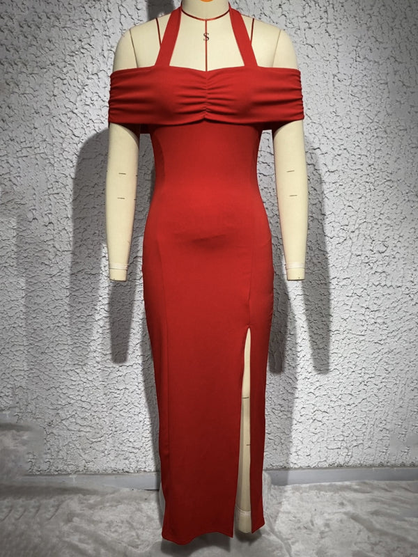 Einfarbiges sexy langes Neckholder-Kleid mit geteiltem Ausschnitt für Damen 