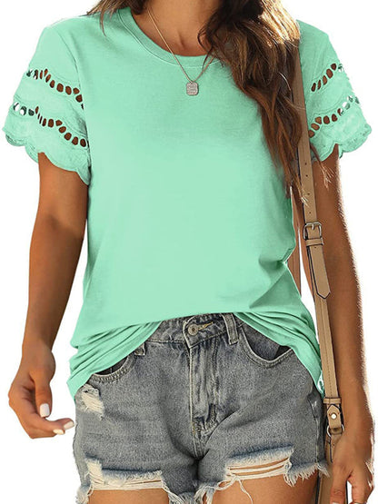 Summer new lace stitching short-sleeved T-shirt round neck top