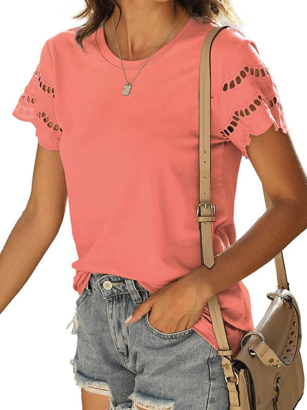 Summer new lace stitching short-sleeved T-shirt round neck top