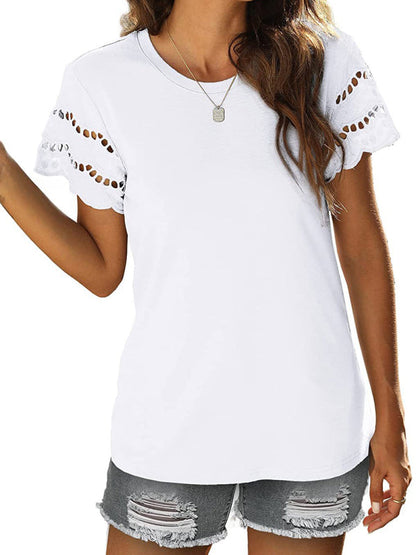 Summer new lace stitching short-sleeved T-shirt round neck top