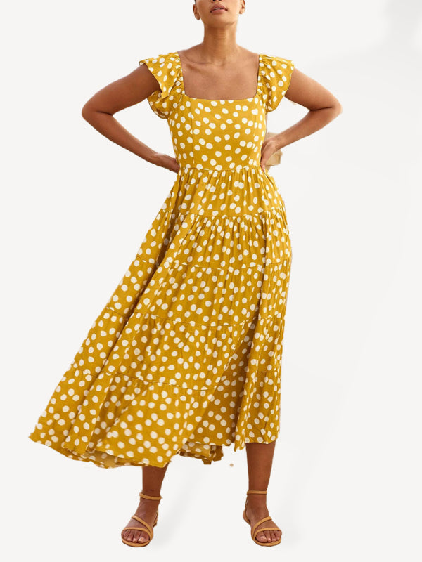 Damen-Swingkleid mit Polka-Dot-Print und Rüschenärmeln 