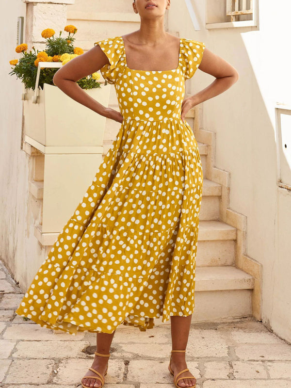 Damen-Swingkleid mit Polka-Dot-Print und Rüschenärmeln 