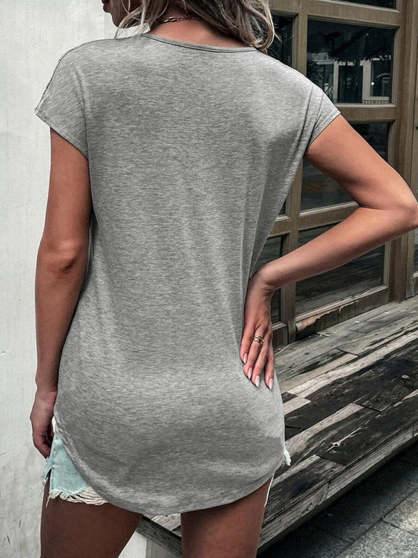 Gestricktes T-Shirt mit Rundhalsausschnitt, halbem Reißverschluss und Spitzenstichen für Damen