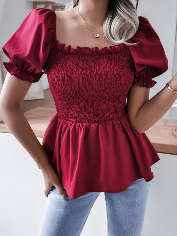 Einfarbiges Chiffon-Hemdoberteil mit Ballonärmeln und Rüschen für Damen 