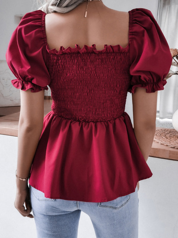 Einfarbiges Chiffon-Hemdoberteil mit Ballonärmeln und Rüschen für Damen 