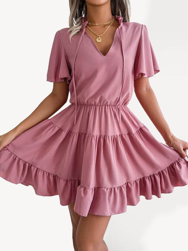 Robe trapèze trapèze de couleur unie pour femmes, feuille de lotus 