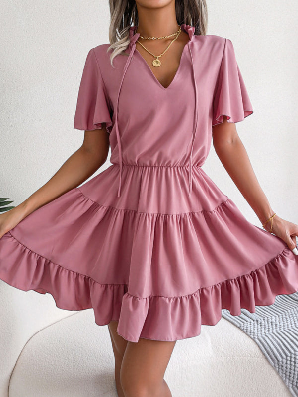 Robe trapèze trapèze de couleur unie pour femmes, feuille de lotus 