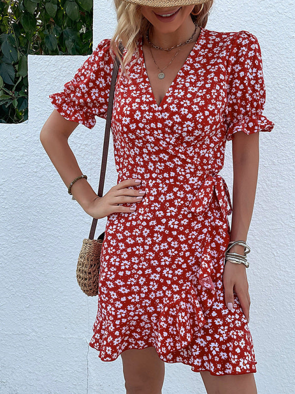 Robe florale une pièce à volants et fleurs tissées pour femmes 