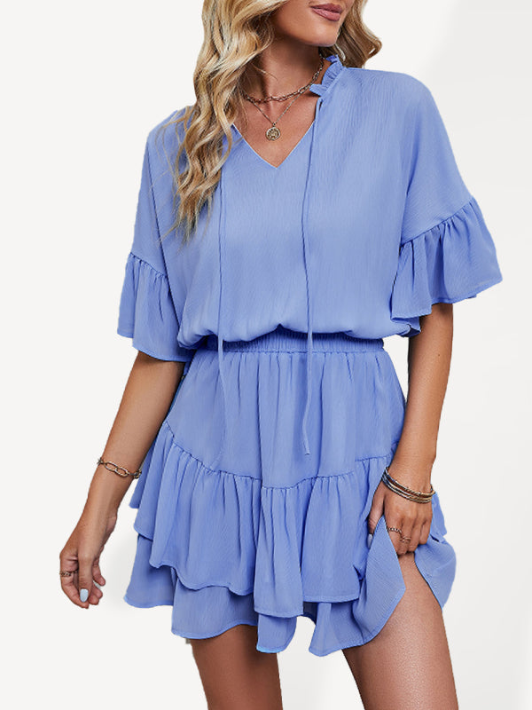 Ladies Fashion Solid Color Ruffle Dress