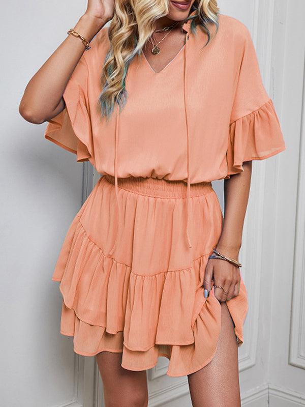 Ladies Fashion Solid Color Ruffle Dress