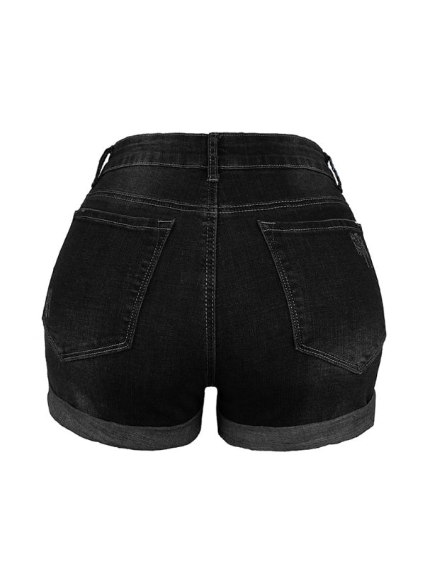 Damen-Stretch-Jeansshorts mit mittelhohem Bund und Löchern 