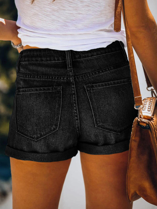 Damen-Stretch-Jeansshorts mit mittelhohem Bund und Löchern 