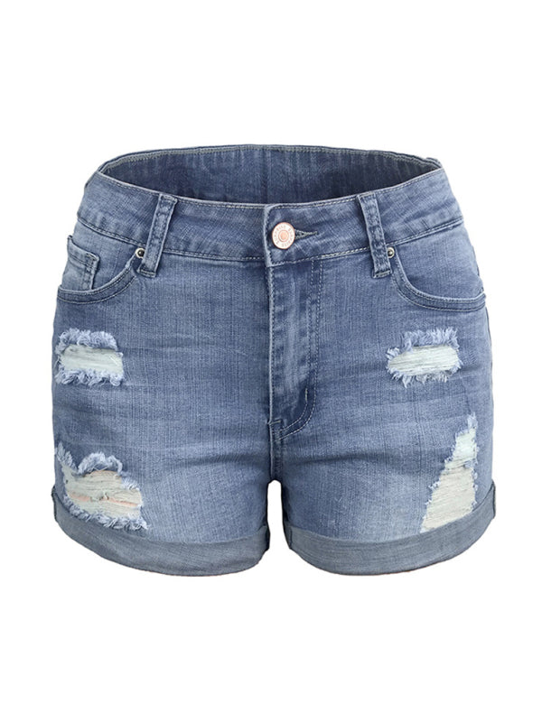Damen-Stretch-Jeansshorts mit mittelhohem Bund und Löchern