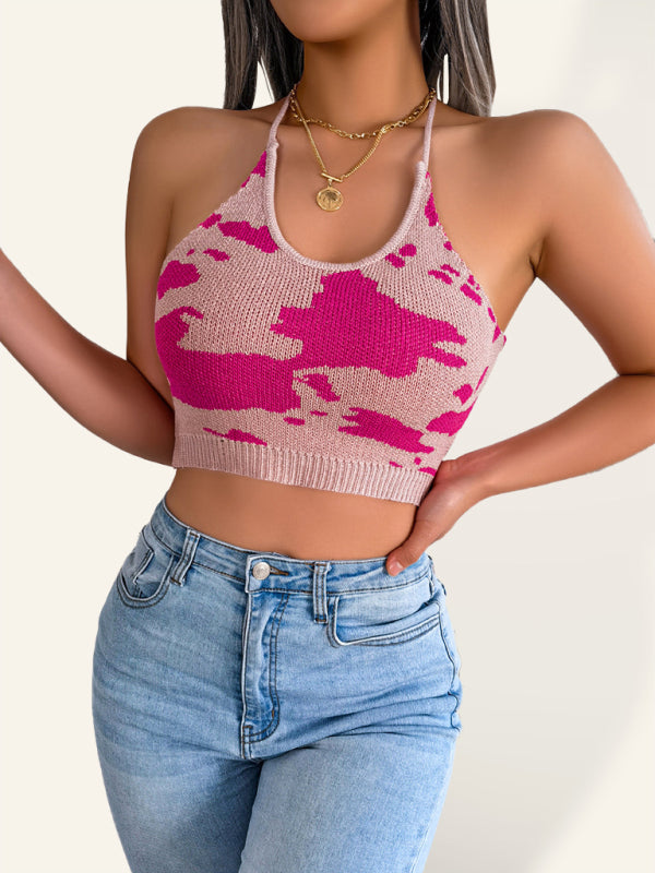 Pull tricoté court à motif de vache sexy pour femmes 