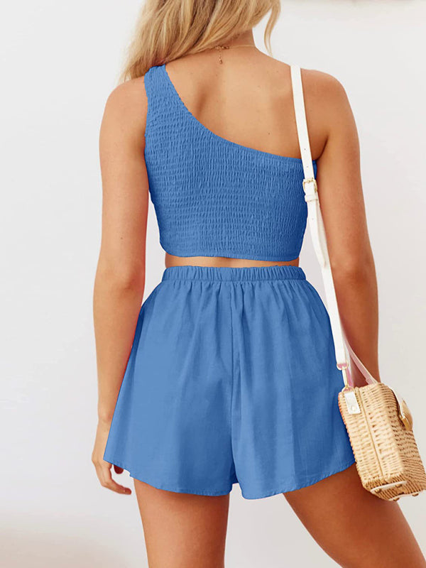 One-shoulder gathered crop top shorts beach two-piece suit