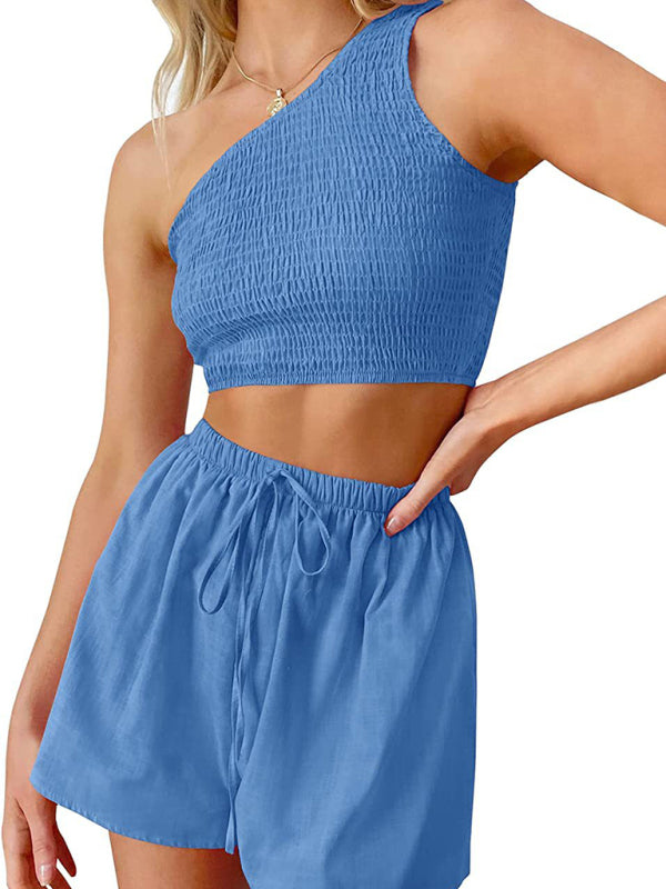 One-shoulder gathered crop top shorts beach two-piece suit