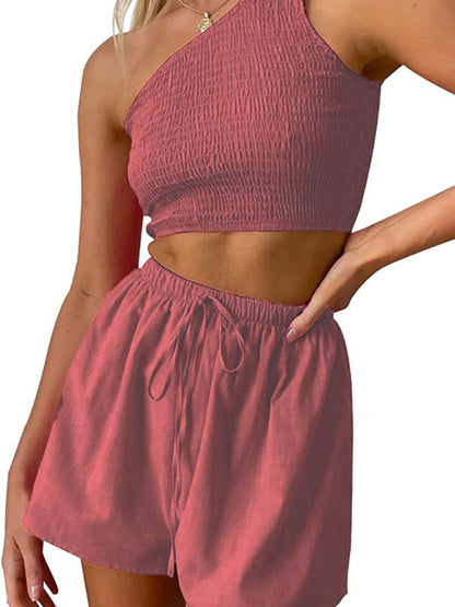 One-shoulder gathered crop top shorts beach two-piece suit