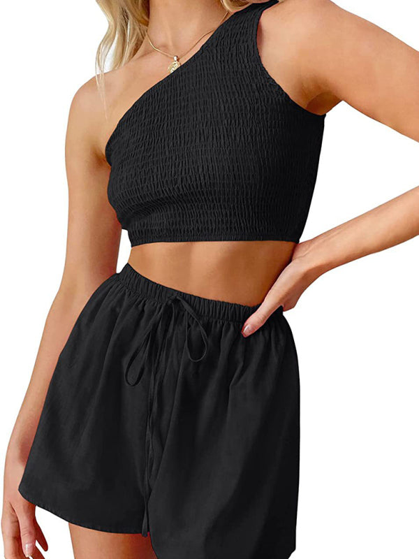 One-shoulder gathered crop top shorts beach two-piece suit