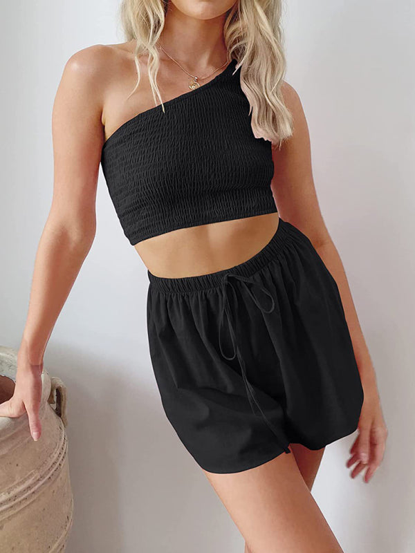 One-shoulder gathered crop top shorts beach two-piece suit