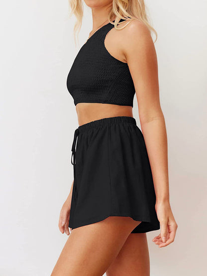 One-shoulder gathered crop top shorts beach two-piece suit